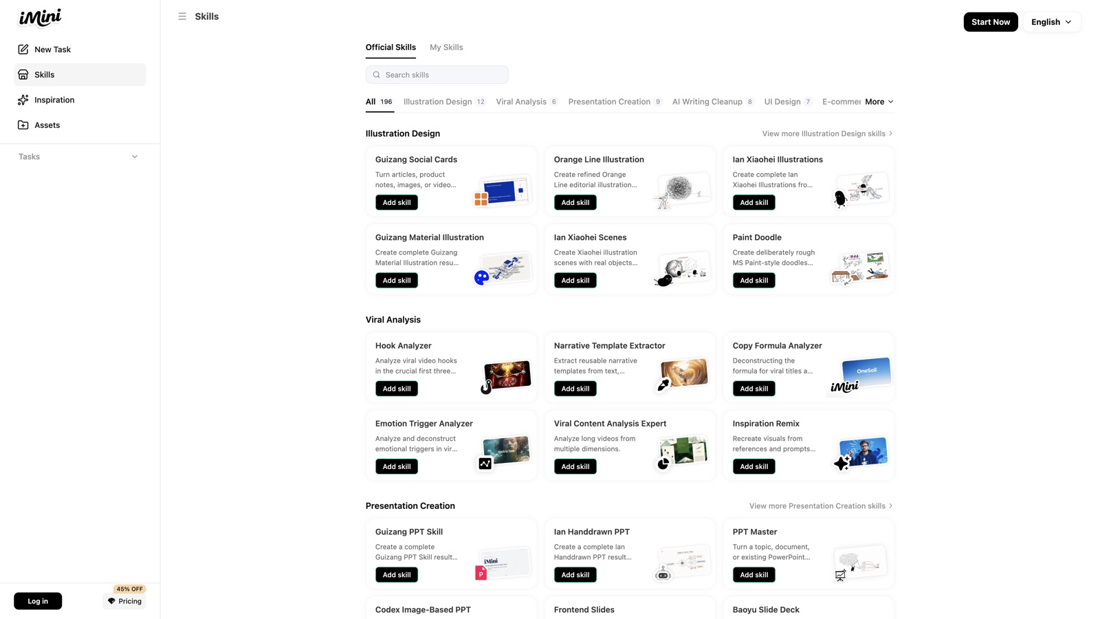 iMini Skills library with official categories